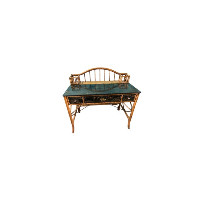 Vintage Chinoiserie, Burnt Bamboo and Rattan Desk and Chair in the British Colonial Style Chair Dimensions: 39 3/4” H X 17 1/4” Seat H , Seat D/ W 17” For Sale - Image 10 of 12