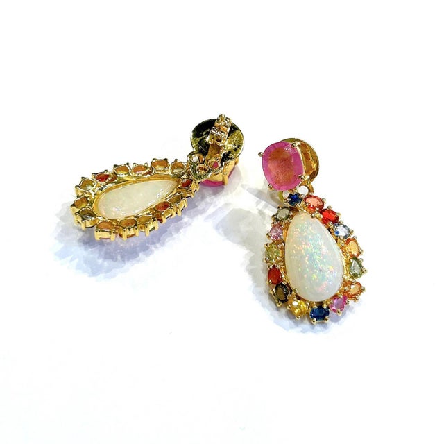Bochic “Orient” Retro Opal, Ruby & Sapphire Earrings Set In 18K Gold & Silver, 2 pieces For Sale - Image 9 of 12