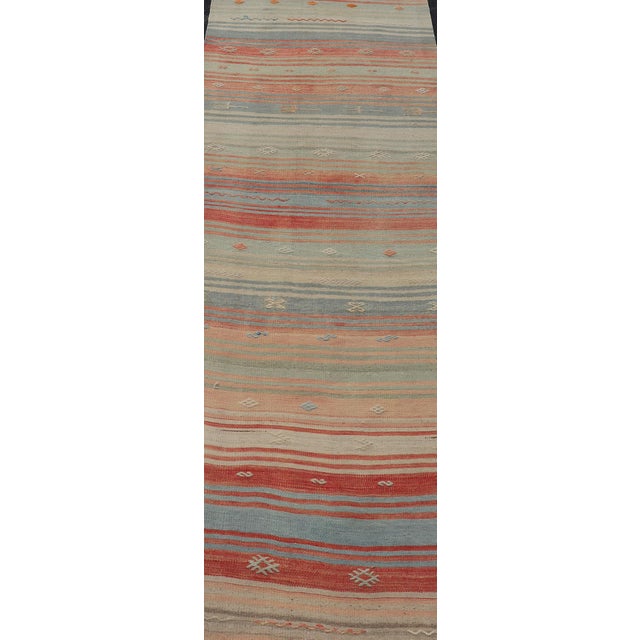 Vintage Turkish Kilim Runner in Coral, Blue and Beige Striped Design 2'10" X 11'6" For Sale - Image 4 of 10