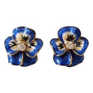 Vintage 14k Yellow Gold Pansy Flower Stud Earrings With Blue Enamel and Diamonds, A Pair For Sale