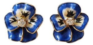 Vintage 14k Yellow Gold Pansy Flower Stud Earrings With Blue Enamel and Diamonds, A Pair