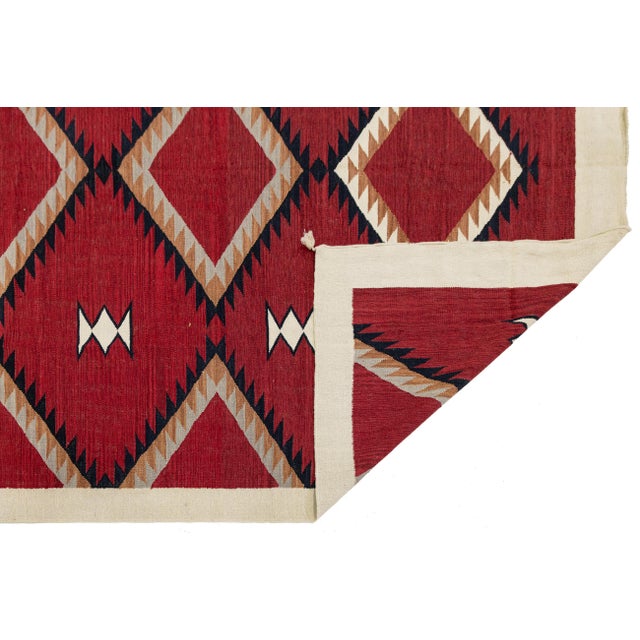 9x12 Modern Navajo Style Geometric Area Rug Handmade Red & Cream Wool Flatweave For Sale - Image 4 of 11