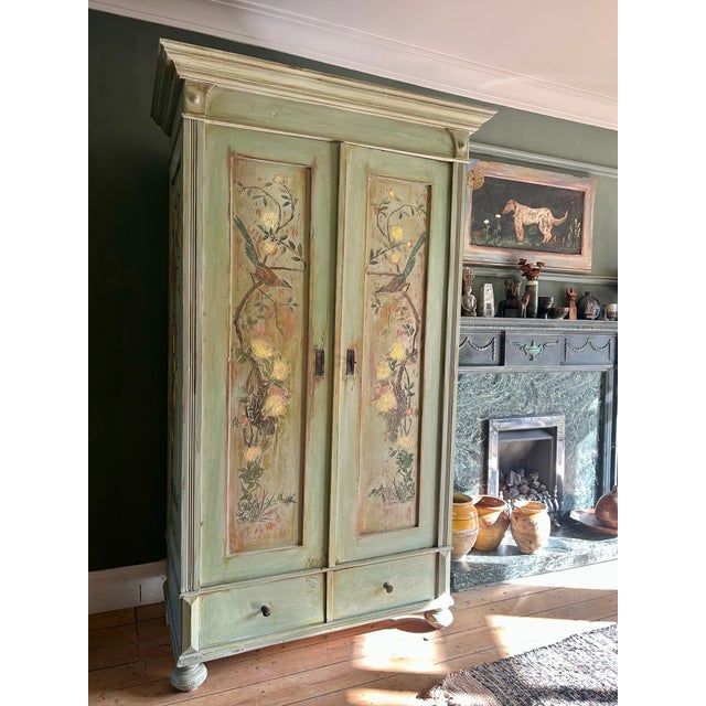 Vintage painted wardrobe, we have added aged chinoiserie panels. The wardrobe is a knockdown style,easy to assemble, slots...