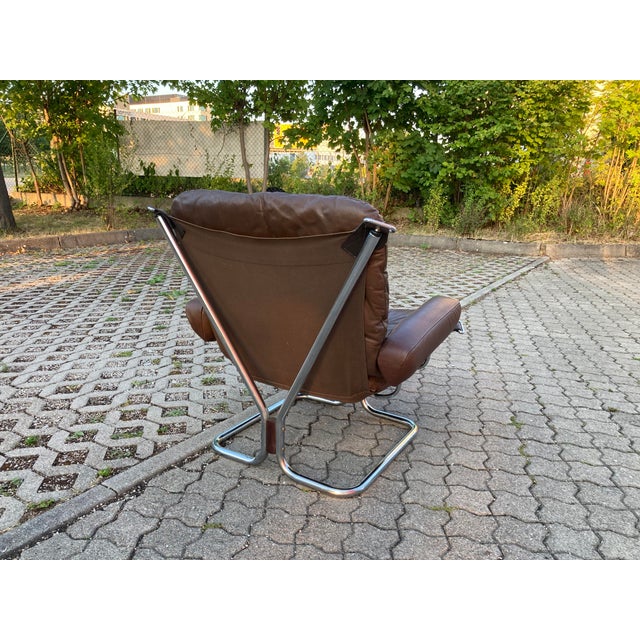 1980s Wing Wingback Brown Leather Lounge Chair by Harald Relling for Westnofa, 1970s For Sale - Image 5 of 16