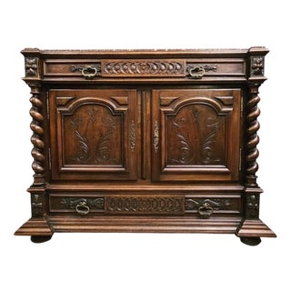 19th Century Renaissance Walnut Chest of Drawers with Doors and Marble Top For Sale