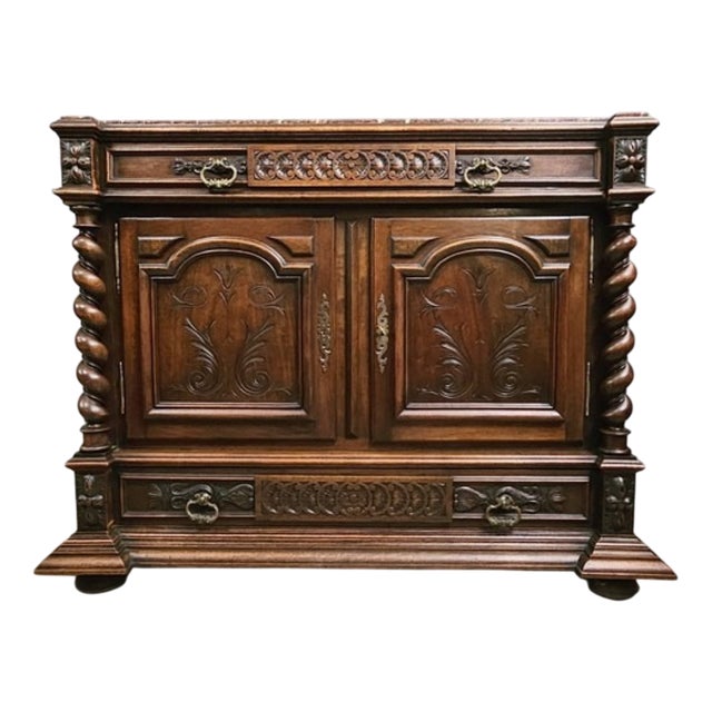 19th Century Renaissance Walnut Chest of Drawers with Doors and Marble Top For Sale