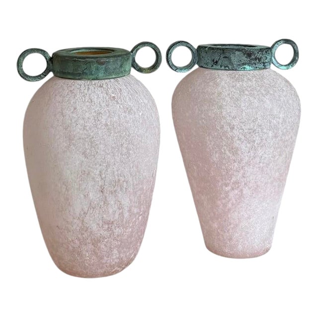 Pair of Scavo Murano-Style Glass Vessels Bud Vases Pink Verdigris Metal Handles For Sale