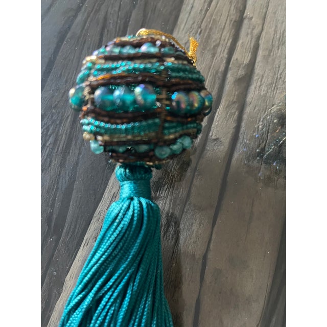 Shabby Chic Teal Silk Beaded Key Tassels Pair For Sale - Image 3 of 4