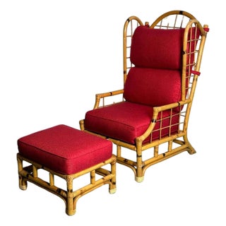 Bamboo Lounge Chair With Ottoman and Wingbacks For Sale