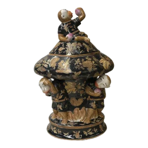 Oriental Vintage Black Copper Graphic Monkey Accent Porcelain Jar
