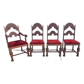 Antique English Oak Tudor Jacobean Dining Chairs 1930's Set of 4 For Sale