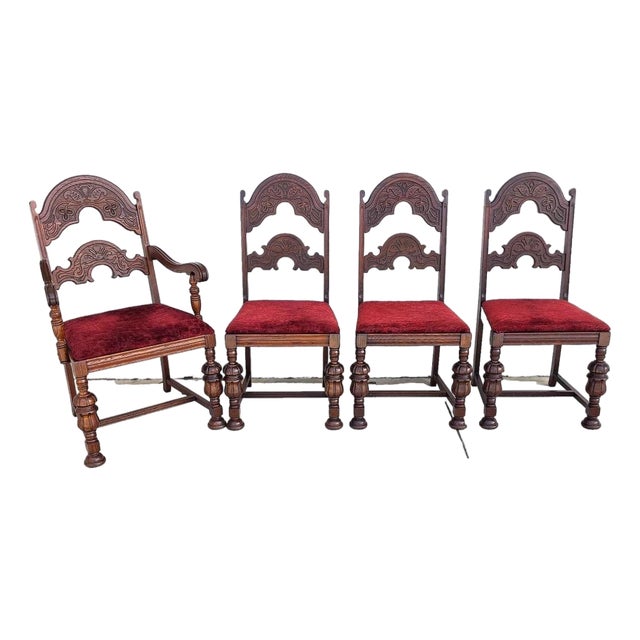 Antique English Oak Tudor Jacobean Dining Chairs 1930's Set of 4 For Sale
