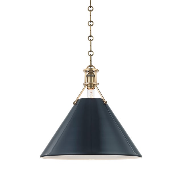Transitional Hudson Valley Lighting Mark D. Sikes Painted No.2 1-Light Large Pendant, Aged Brass/Darkest Blue For Sale - Image 3 of 3