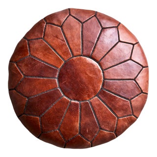 Chestnut Leather Moroccan Pouf For Sale