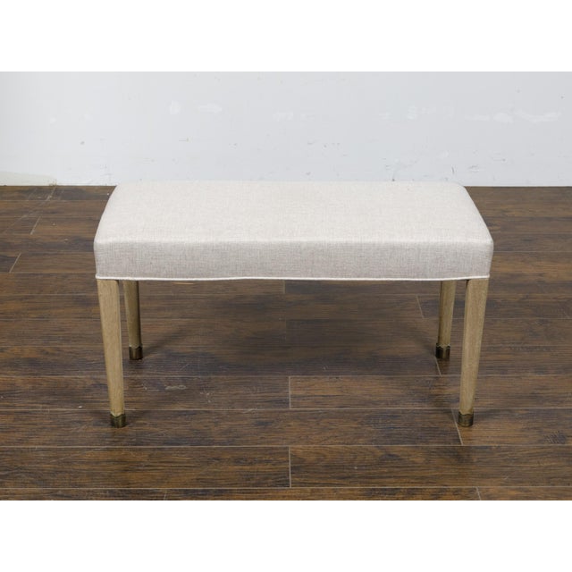 Early 20th Century French Art Deco 1930s Bleached Walnut Bench with Brass Feet and Upholstery For Sale - Image 5 of 10