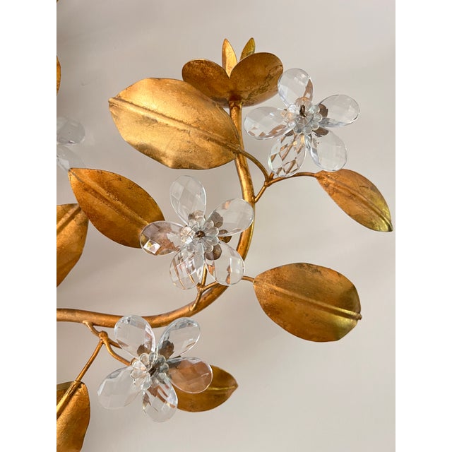 Metal 1950s Pair of Gilt Tole Candle Sconces With Glass Flowers For Sale - Image 7 of 8