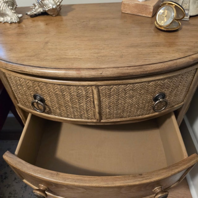 1990s Braxton Culler Coastal Demilune 3 Drawer Chest - Woven Rattan Reed & Oak - Carved Melon Feet - 36" W For Sale - Image 16 of 17