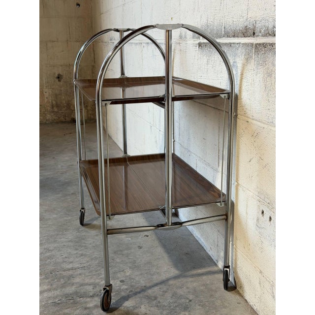 Chrome Folding Rolling Bar Cart With Wood Grain Trays Mid-Century Modern 1970s For Sale - Image 9 of 10