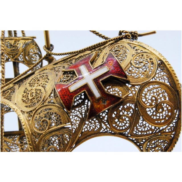 Silver Caravel Model in Gilded Silver Filigree with Enameled Crosses on the Sails and Resting on Scalloped Base For Sale - Image 8 of 11