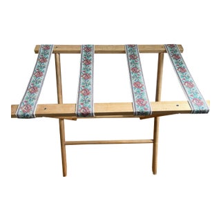 Vintage Folding Luggage Rack / Quilt Stand With Floral Needlepoint Straps For Sale