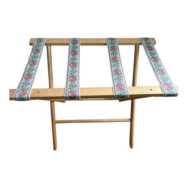 Vintage Folding Luggage Rack / Quilt Stand With Floral Needlepoint Straps For Sale