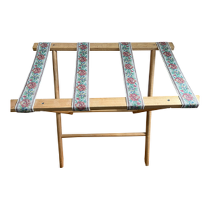 Vintage Folding Luggage Rack / Quilt Stand With Floral Needlepoint Straps