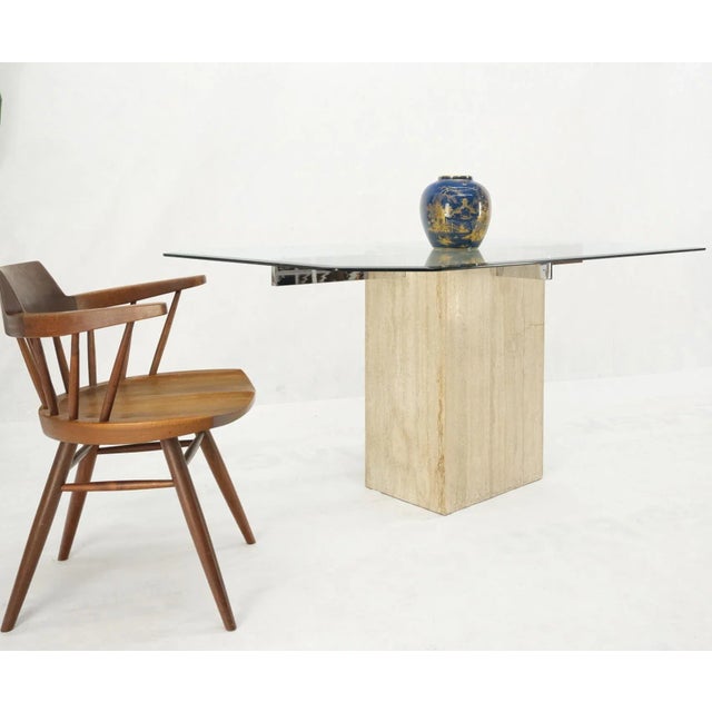Single Travertine Rectangle Base Chrome Stretchers Glass Top Dining Table Italy For Sale - Image 6 of 13