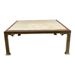 Hollywood Regency Italian Travertine & Brass Square Coffee Cocktail Table Italy For Sale