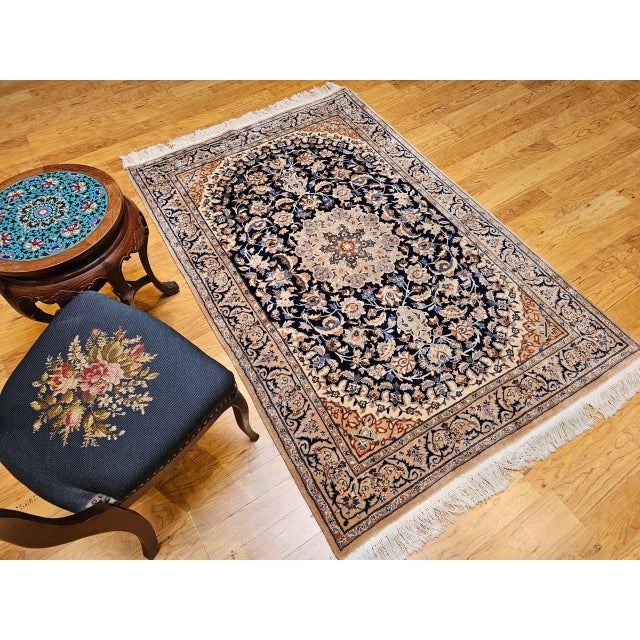 Navy Blue Vintage Persian Nain Area Rug, Hand-Knotted Wool & Silk, Floral Pattern, 4x6, Navy & Ivory For Sale - Image 8 of 18