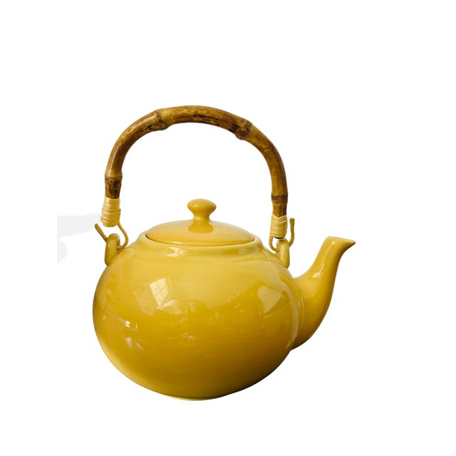 Pottery Barn Vintage Pottery Barn Sausalito Yellow Ceramic Teapot – Bamboo Handle – Asian-Inspired Stoneware Tea Kettle For Sale - Image 4 of 9