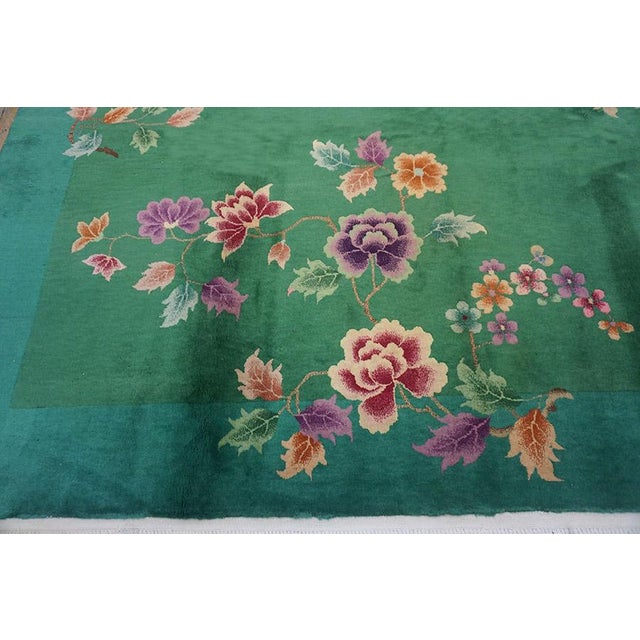 Textile 1920s Green Floral Modern Antique Chinese Art Deco Rug 8' 8"x11' 4" Handknotted Wool Carpet For Sale - Image 7 of 13