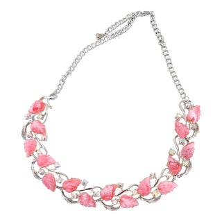 Vintage 1950s Rhodium Plated Pink Tutti Frutti Leaf Necklace For Sale