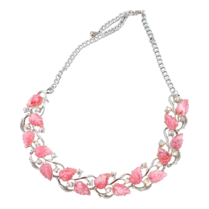 Vintage 1950s Rhodium Plated Pink Tutti Frutti Leaf Necklace