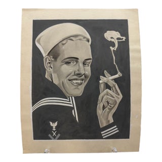 1940s Original Signed Graphite Illustration of Smiling Sailor With Cigarette, 11.5 X 9.25 In. For Sale