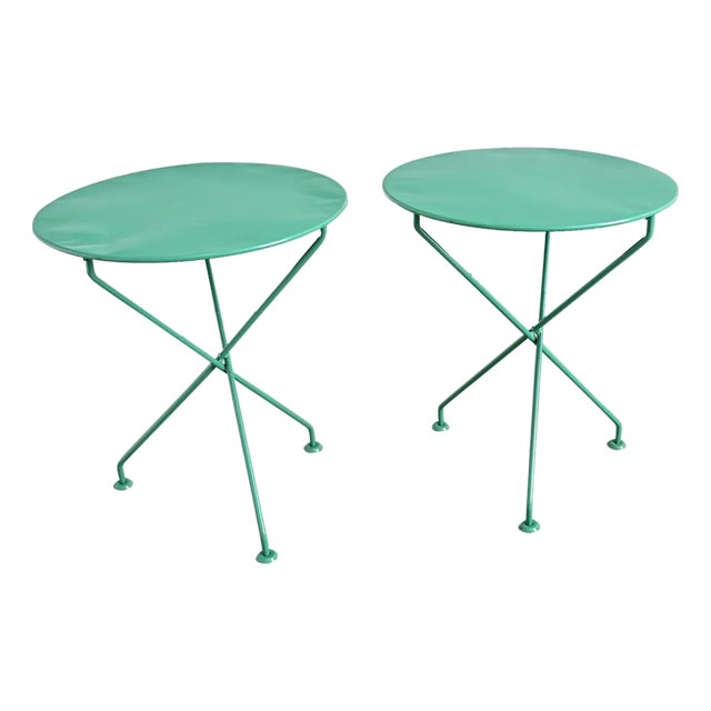 Early 20th Century French Pair of Metal Bistro Tables with New Powder Coat, 2 Pieces For Sale