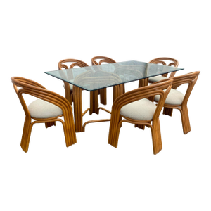 1980s Dining Bamboo Set of 6 Chairs 1 Table in the Manner of Alex Enthoven - Set of 7