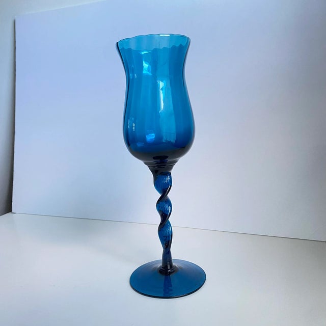 Mid Century Modern 1960s Empoli Italian Art Glass Compote Vase Teal Blue Colored Twisted Snifter 13” Tall For Sale - Image 6 of 10