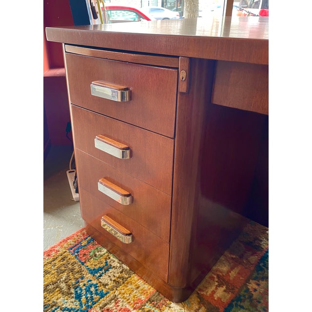 French Geometric Art Deco Rose Wood and Chrome Executive Desk W/ Bookshelves For Sale - Image 11 of 17
