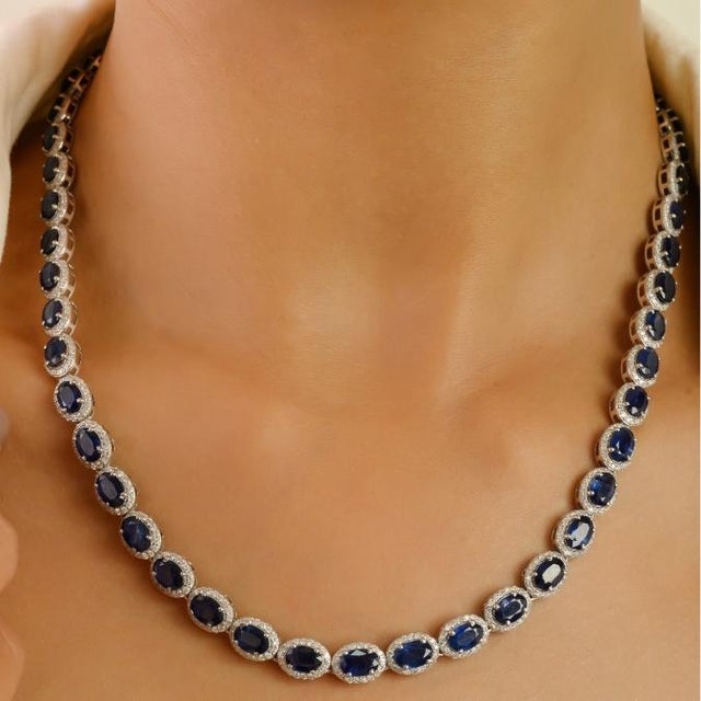 27.67 Carat Blue Sapphire & Diamond Luxury Art Deco Necklace by VRJewels in 14k Gold For Sale In New York - Image 6 of 16