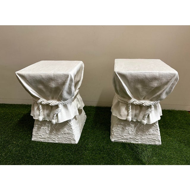 Contemporary 1980s Lane Trompe-Loeil White Draped Plaster Pedestal or Garden Stools After John Dickinson- Set of 2 For Sale - Image 3 of 10
