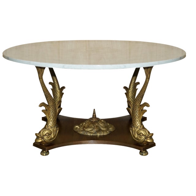 19th Century Italian Gilt Brass & Carrara Marble Dolphin Coffee Table For Sale