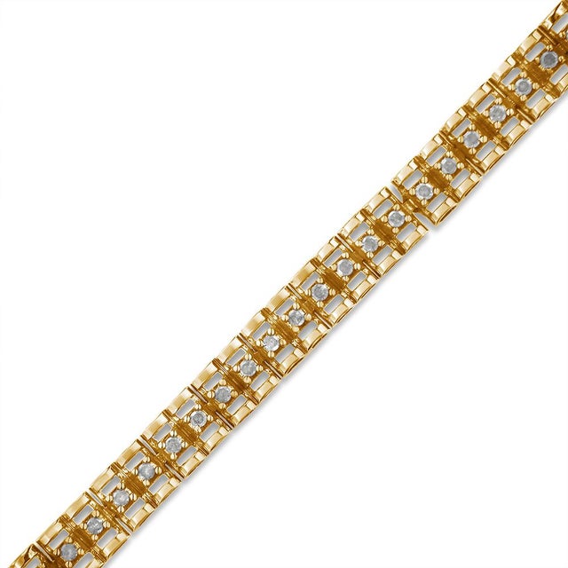 Contemporary 10K Yellow Gold Plated .925 Sterling Silver 1/2 Cttw Diamond Double-Link 7" Tennis Bracelet (I-J Color, I3 Clarity) For Sale - Image 3 of 5
