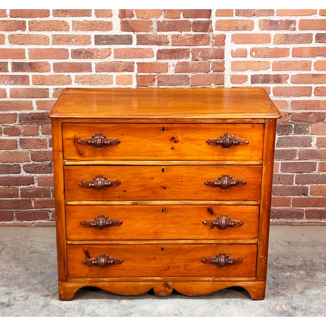 Farmhouse Antique 19th C. Cottage Pine 4 Drawer Dresser / Chest With Walnut Carved Pulls For Sale - Image 3 of 9