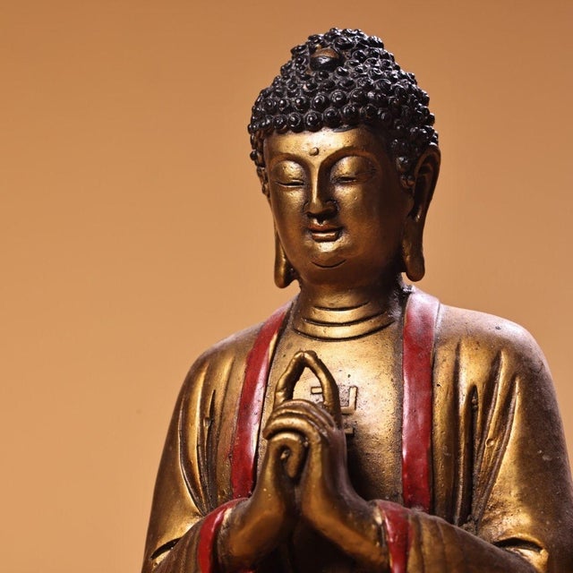 Vintage Painted Copper Buddha Statue on Double Lotus Base For Sale - Image 9 of 10