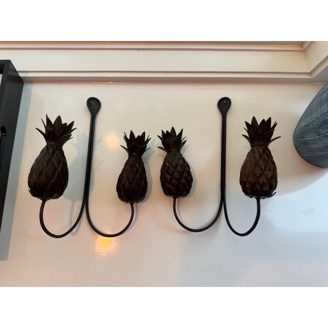 Hollywood Regency Pair of Pineapple Form Wrought Iron Wall Candle Sconces For Sale - Image 3 of 13