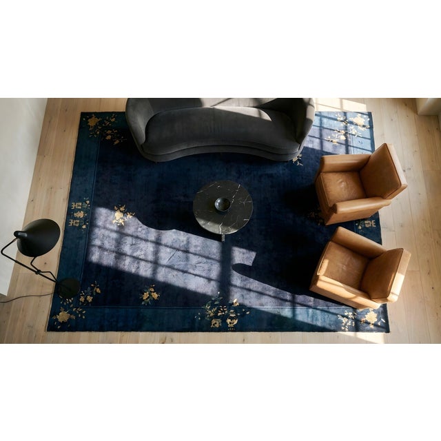 Fascinating Navy Background With Lovely Intricate Floral Design Antique Chinese Peking Rug For Sale - Image 9 of 11