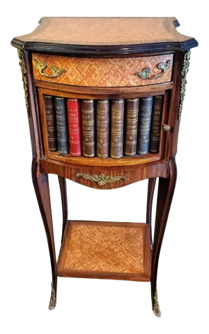 1940s French Rosewood Parquetry Ormolu Mounted Faux Book Bedside Table