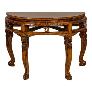 19th Century Wooden Demilune Table with Carved Mythical Creatures