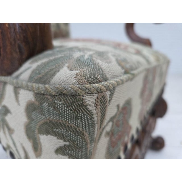 Wood Scandinavian Highback Armchair in Patterned Fabric and Hand-Carved Oak, 1950s For Sale - Image 7 of 18