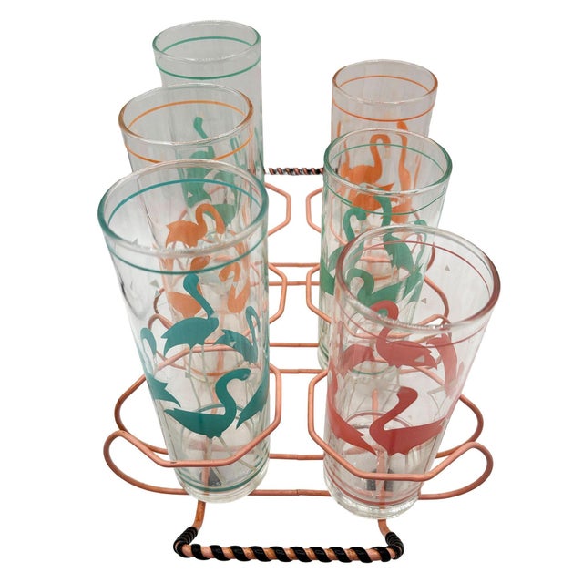 1950s 1950s Mid-Century Modern Pink Wire Frame Drinks Tray W/ Six Highball Flamingo Glasses For Sale - Image 5 of 10